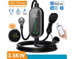 Lader type 2 met app | 5 meter kabel | 3.5kW (16A 1-fase) | IP65 Regenbestendig oplader | auto Laadpaal 230v 5m | Thuislader hybride 3.5 kw EV charger lader | LCD Applicatie scherm wifi en bluetooth | instelbaar | Met draagtas
