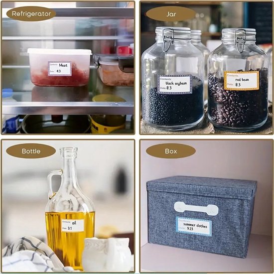 Toepassingen van etiketten in een koelkast, op potten met bonen en rode bieten, in een olie-fles, en op een opbergdoos met de tekst 'summer clothes'.
