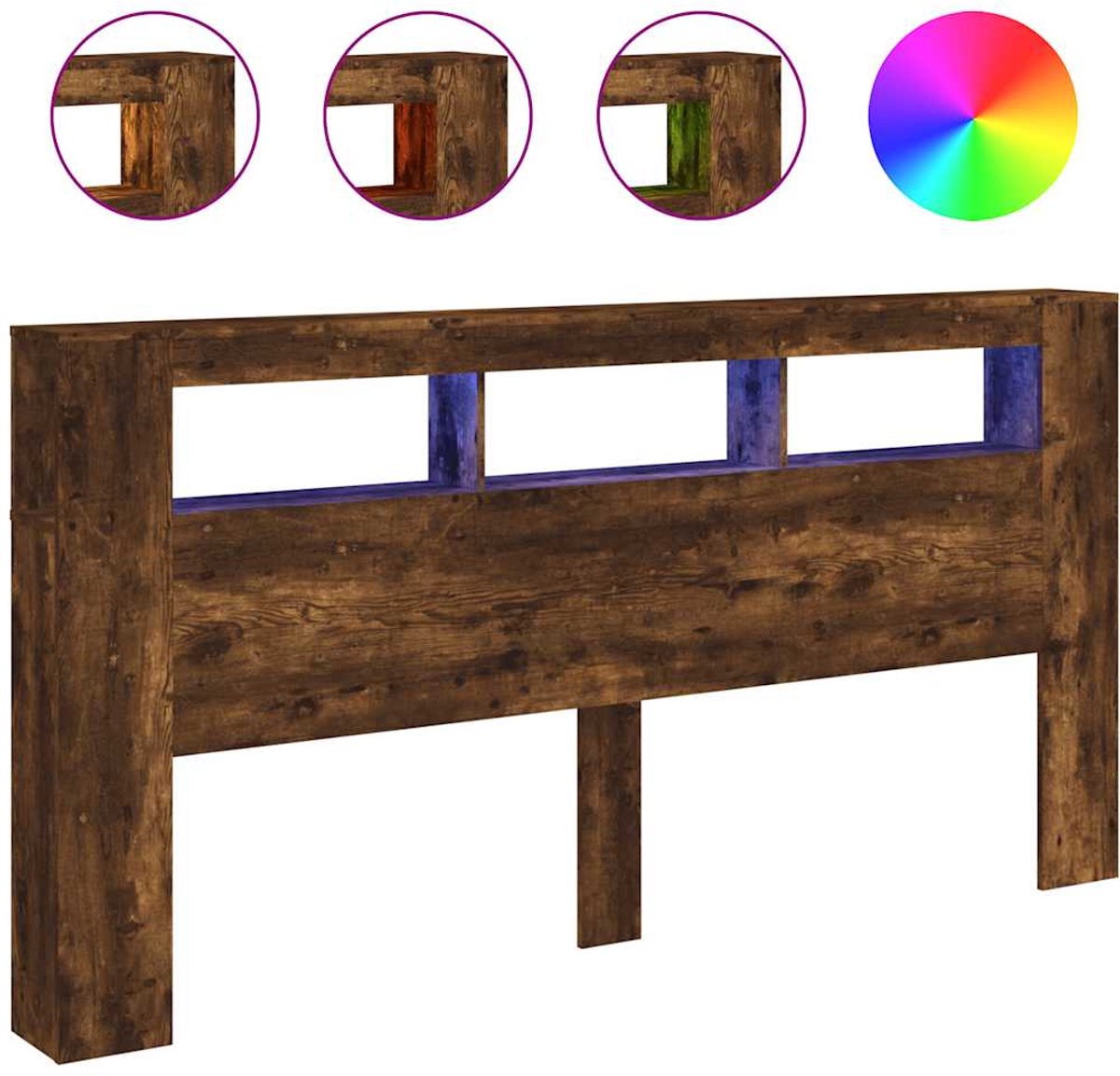 vidaXL - Hoofdeinde - met - LED - 200x18,5x103,5 - cm - bewerkt - hout - gerookt - eiken