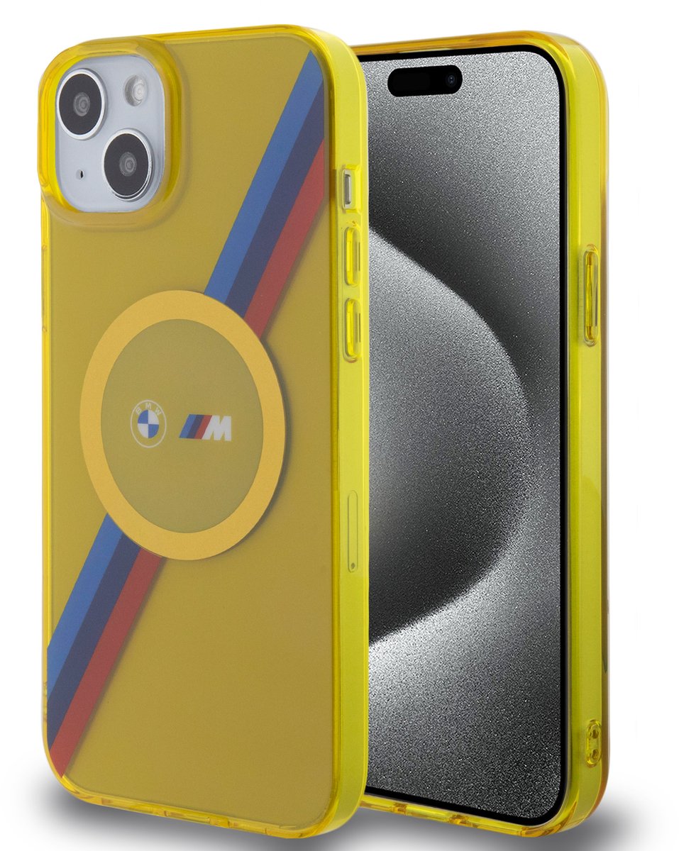 BMW Back Cover - Geschikt voor iPhone 15 Plus & 14 Plus - Geel - Magsafe - M Tricolor Stripes