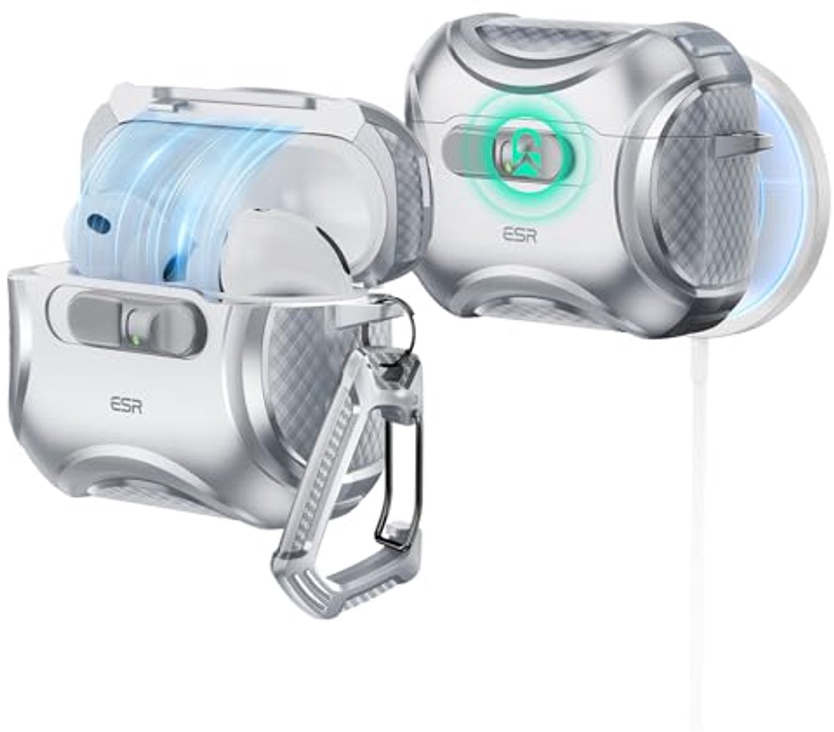 Cyber Tough Hoesje voor AirPods Pro - MagSafe Compatibel, Magnetische Sluiting, Volledige Valbescherming met Trekkoord, Grijs