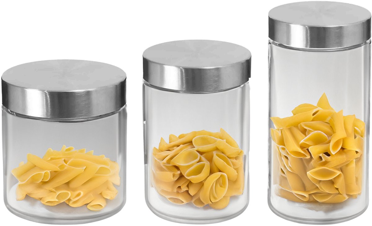 Secret de Gourmet - Set van 8x keuken voorraadpotten - glas - RVS deksel - 3 formaten