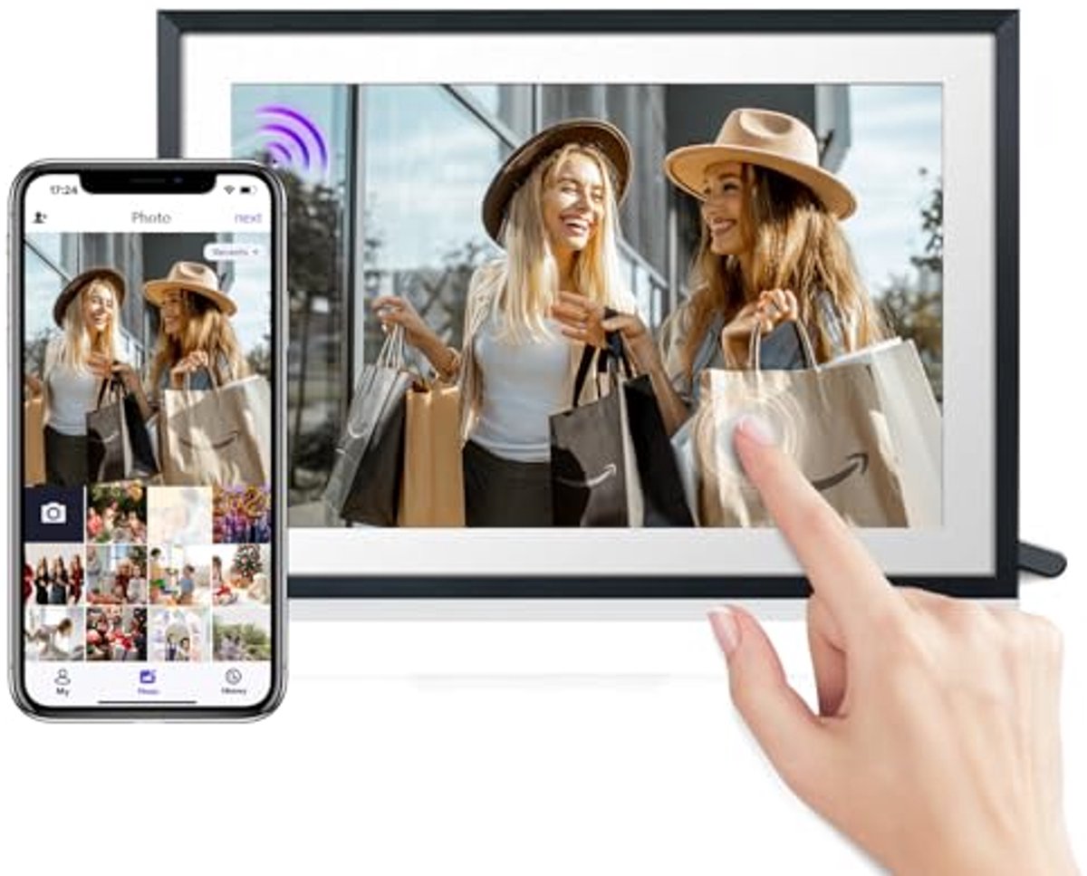 Moman WF102 Digitale fotolijst, 10,1 inch, wifi-foto, IPS-touchscreen, 32 GB geheugen, automatische rotatie, delen van foto's en video's via app, ideaal voor familiegeschenken