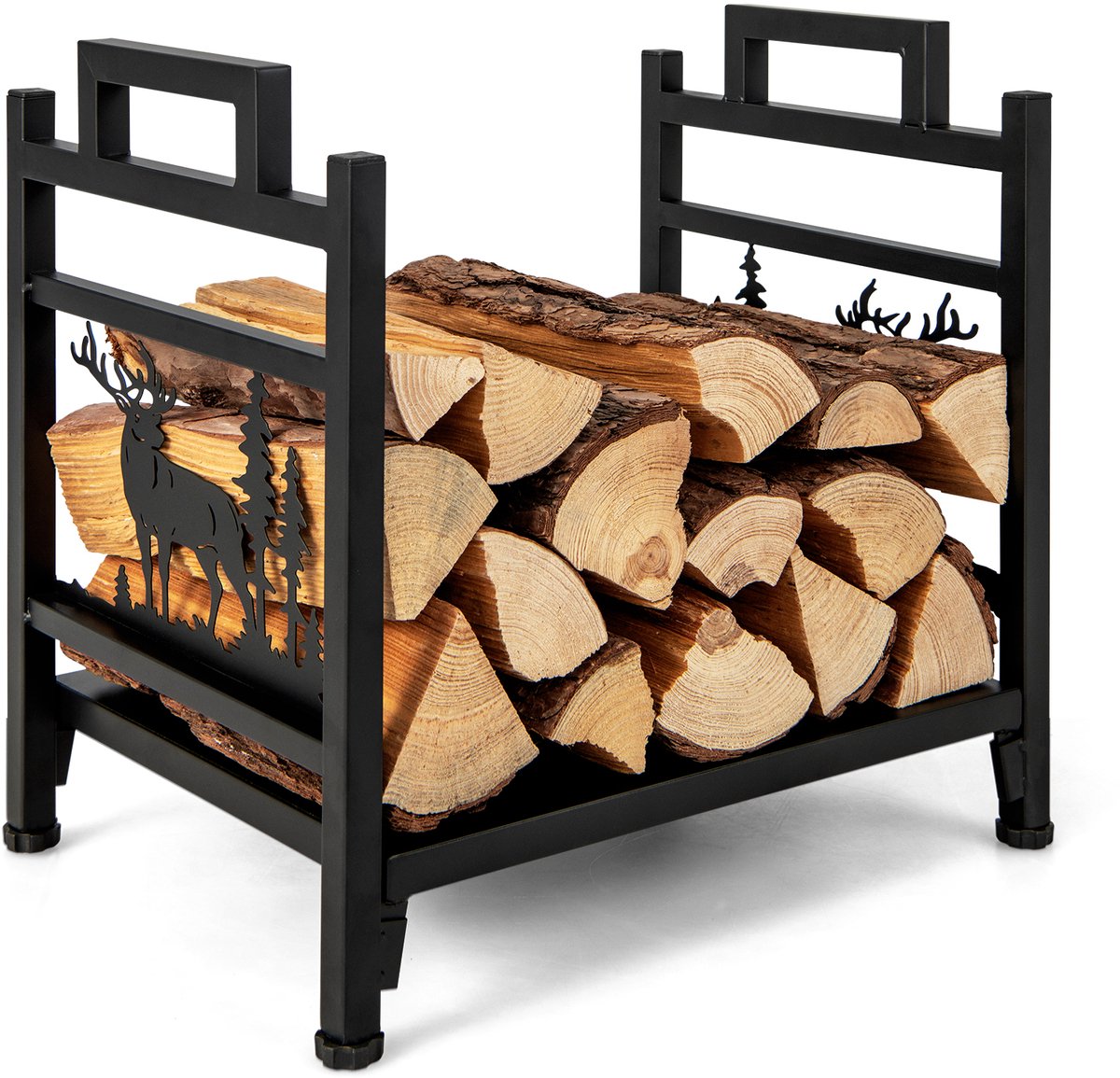 COSTWAY Brandhoutrek van metaal met handgrepen en verstelbare voetkussens, brandhoutrek voor binnen en buiten, brandhoutrek voor oven en open haard, 46 x 34 x 45 cm