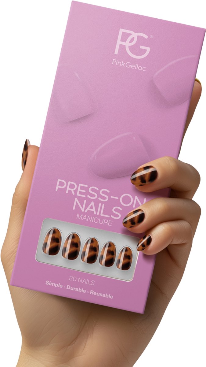 Pink Gellac Press On Nails - 2007 Tortoise Touch - Round Small Plaknagels - 30 Press On Nagels Met Lijm, 30 Plakstickers, Cleaner Wipe, Nagelvijl, Woodstick en Size Matcher - Snel Aan Te Brengen Plak Nagels Kort - Voor 7-14 Dagen Mooie Nagels
