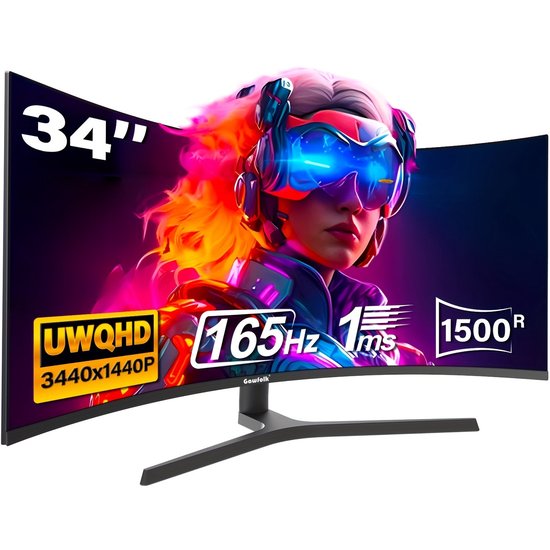 34 Inch Curved Ultrawide Monitor – Gaming Monitor – PC Monitor – Widescreen Monitor – Breedbeeldscherm – 165Hz Refresh Rate – WQHD 3440x1440 Resolutie