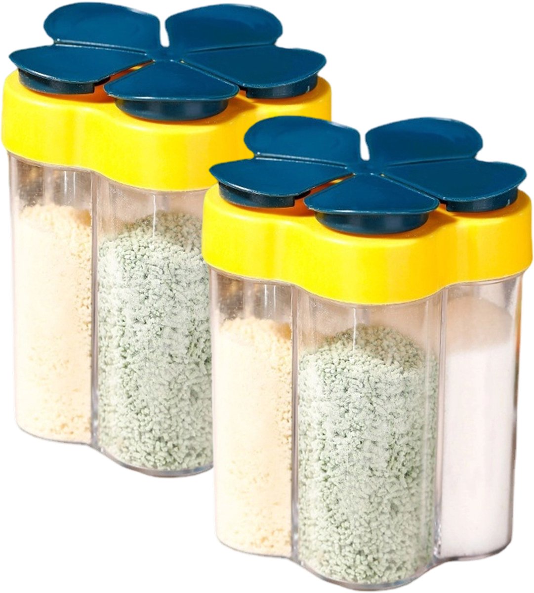 longziming -2x 5-in-1 Kruidenpot – Transparante Specerijencontainer van Hoogwaardig PP – Multifunctionele Keuken Kruidenhouder voor Zout, Peper, Suiker & Meer – 11x9 cm – Blauw