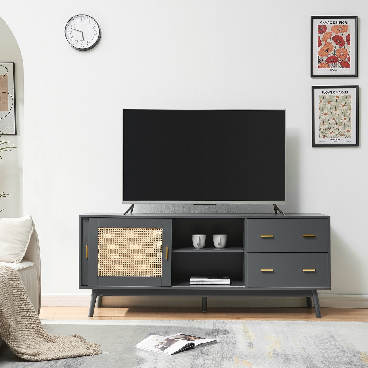 en.casa Tv-meubel Susa met lades en schuifdeuren 160x40x65 cm grijs [en.casa]