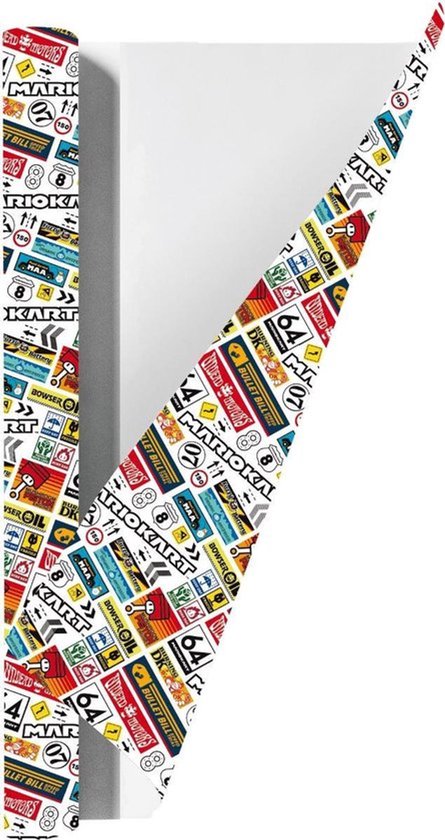 Papier de couverture sur le thème de Mario Kart. Rouge, jaune, bleu et blanc avec diverses icônes comme Mario Kart, Bullet Bill, Bowser Oil et '150'.