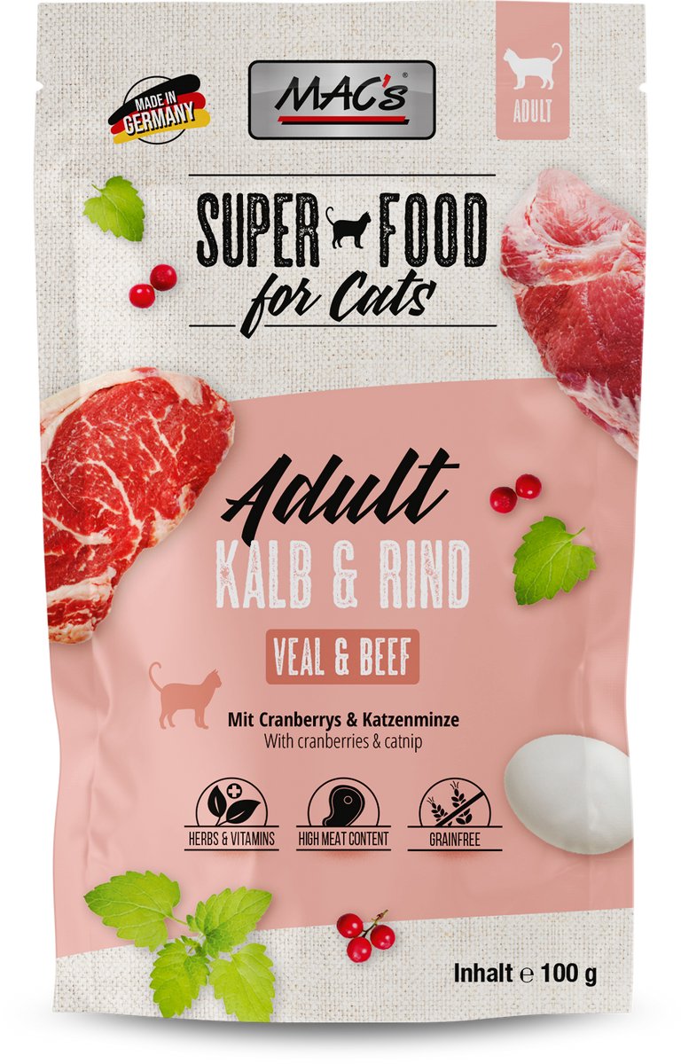 MACs Mac’s Kattenvoer Natvoer Maaltijdzakjes - Kalf en Rund - 12 x 100g