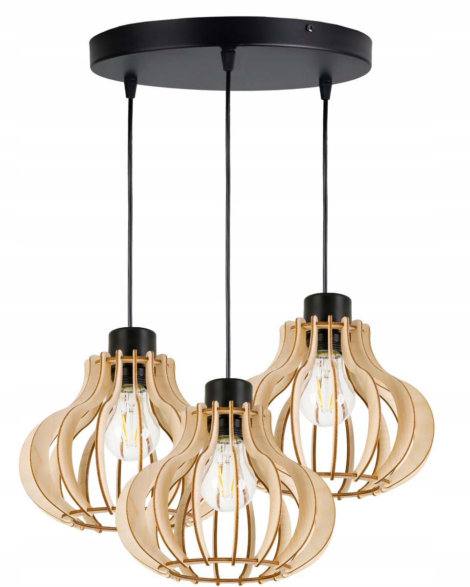 Loft Hanglamp met Houten Kap, 3x E27 Fitting