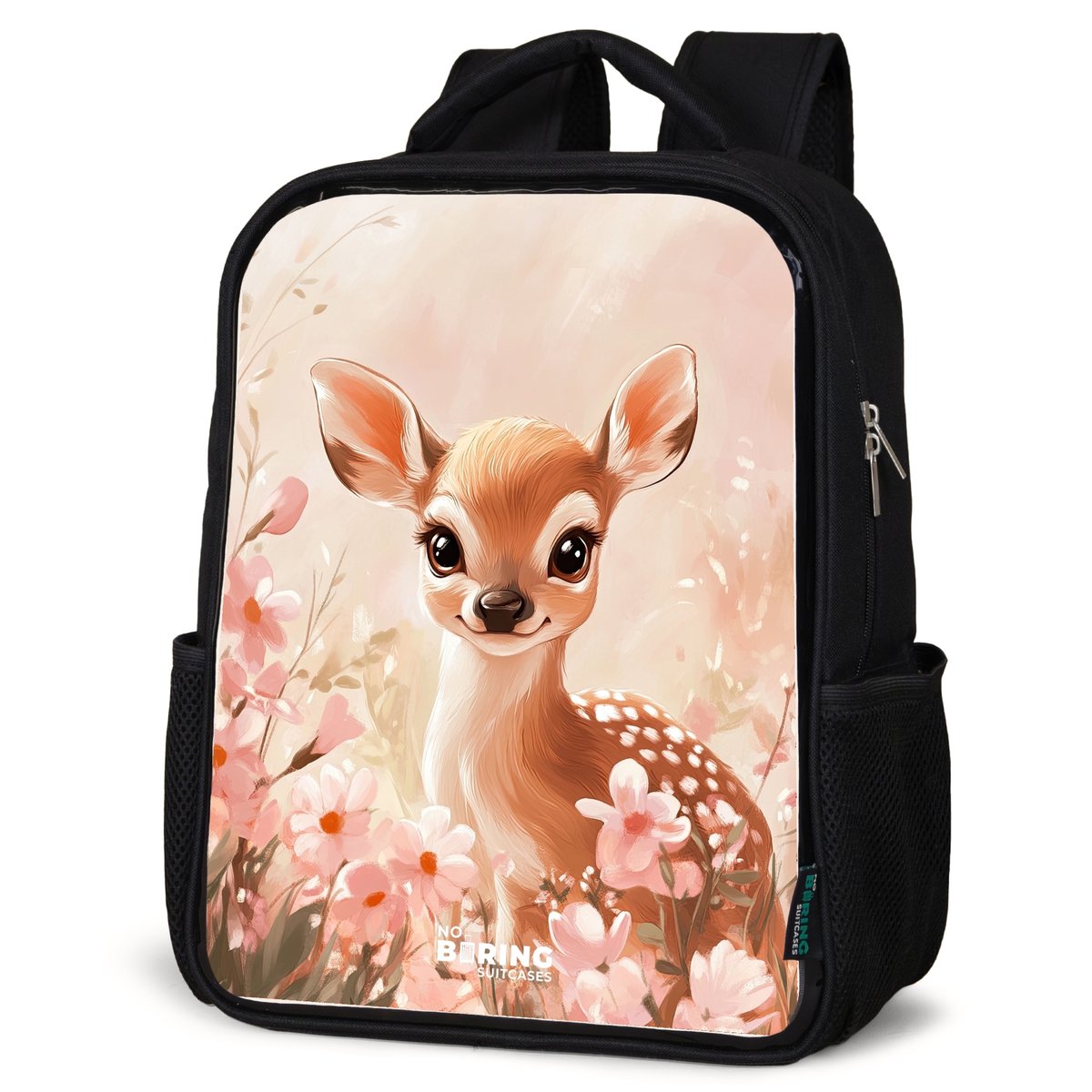 NoBoringSuitcases.com® - Rugzak zwart meisjes - Schooltas meisje - NoBoringSuitcases.com® - Rugzak zwart - Schooltas jongen & meisje - Hertje - Ogen - Stippen - Bloemen - Rugtas voor school - Boekentas kind - Schoolrugzak - Kinderrugzak