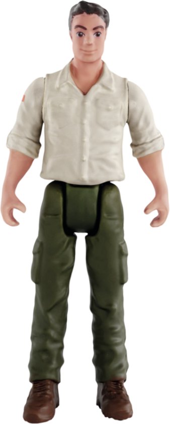 Figuur van een man in een lichtbruin shirt en groene broek.