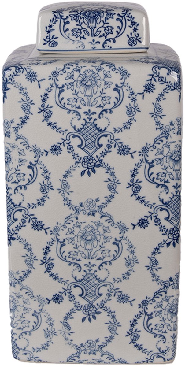 Clayre & Eef Vaas met Deksel 15x15x31 cm Wit Blauw Keramiek