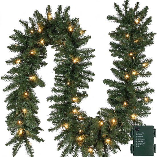 Lomera Guirlande Met Led - 270 Cm Lengte - Kerstguirlande - Warm Wit Licht - Werkt Op Batterijen - Kerst Slinger - Binnenshuis Gebruik - Dennetak Guirlande - Kerstslinger Met Verlichting - 6 Uurs Timer - Kerstdecoratie