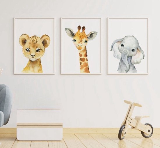 Set d'affiches chambre d'enfant - 3 pièces - 30x40 cm - Animaux Safari - Girafe - Lion - Éléphant - Poster enfant - Chambre de bébé - Cadeau Baby Shower - Décoration murale - Décoration murale