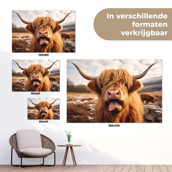 Affiche de jardin 120x80 cm - Décoration de jardin Highlander écossais - Langue - Cornes - Affiche pour le jardin - Décoration extérieure - Peinture murale de clôture - Toile de jardin décoration murale - Décoration murale toile de balcon