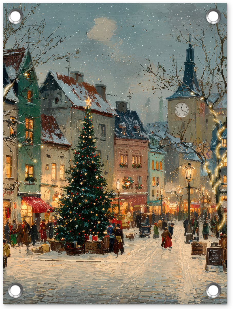 Tuinposter met kleurrijk Stadsplein in Kerstsfeer - 30x40 cm.