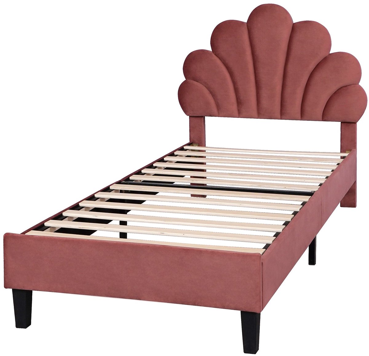 Merax Gestoffeerd Kinderbed 90x200 cm - Velvet Bed met Bloemvormig Verstelbaar Hoofdbord - Rood
