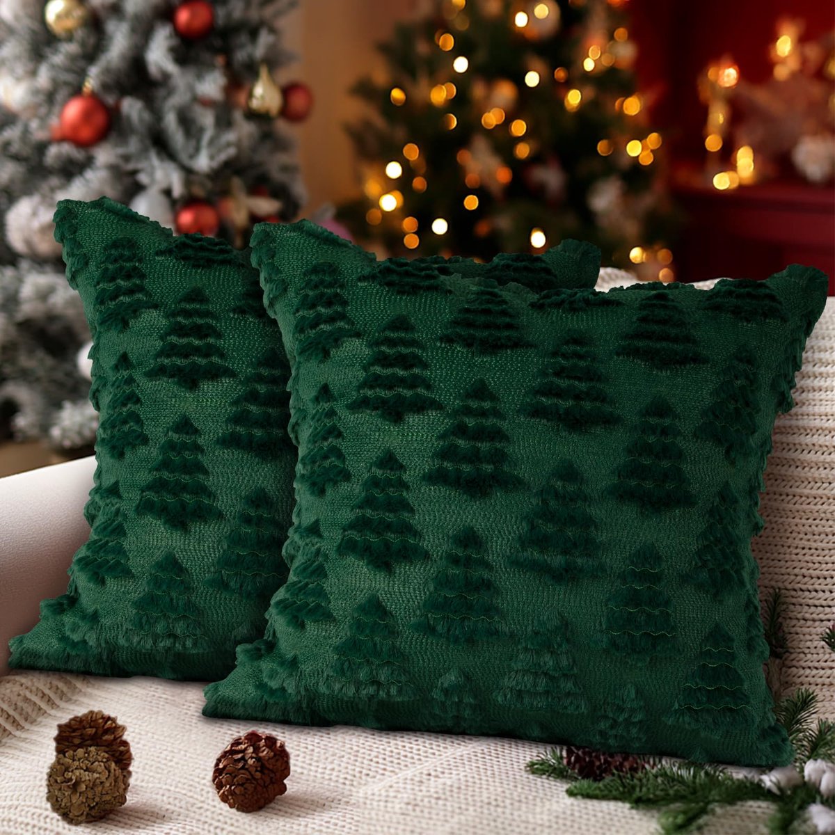 Unyqoos Set van twee decoratieve kerst kussenhoezen met feestelijk ontwerp groen