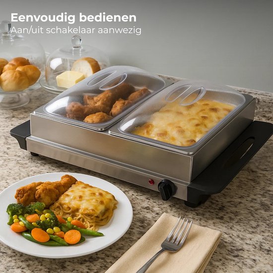 Lomera Buffetwarmer Elektrisch - Warmhoudplaat - Rvs Schalen - Transparante Deksels - Variabel Instelbare Temperatuur - Geïsoleerde Handgrepen - Oververhittingsbeveiliging - Anti-Slip Voetjes - Aan/Uit Schakelaar — afbeelding 5