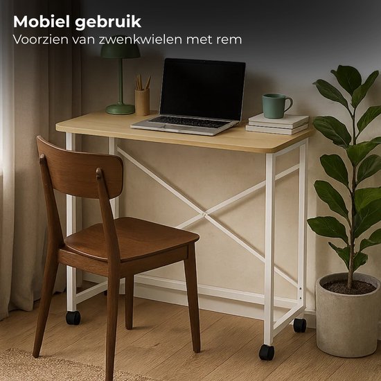 Lomera Inklapbare Wandtafel - Inklapbare Tafel - Draagbare Tafel - Wit Metaal - Met Wielen - Tafelblad Met Afgeronde Hoeken - Multifunctionele Tafel - Bijzettafel - Mobiele Tafel - Haltafel - Laptop Tafel - Vouwtafel van Merkloos — afbeelding 4