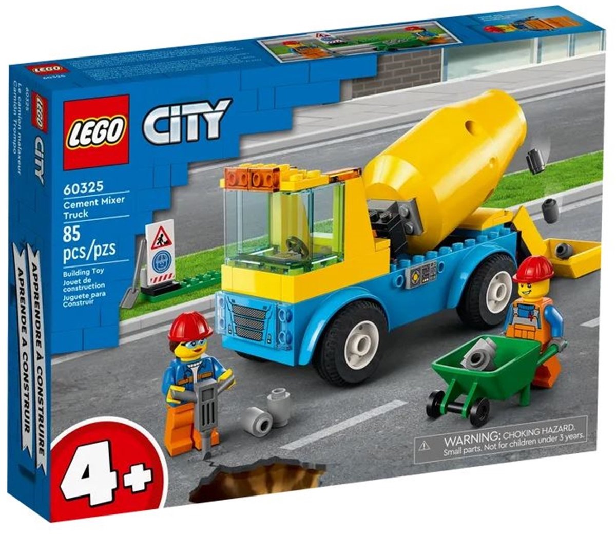 LEGO® City Cementwagen 60325 bouwset; met een ronddraaiende mengtrommel, plus een bord voor wegwerkzaamheden, drilboor, kruiwagen en minifiguren van wegwerkers; bouwvoertuig voor kinderen vanaf 4 jaar (85 onderdelen) — afbeelding 20
