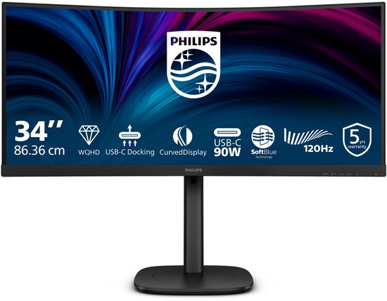 Philips 34 inch Ultrawide USB-C Dockingmonitor 3440×1440 WQHD 90W Power, RJ45, Smart KVM, HDR400, 21:9 curved