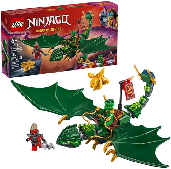 LEGO NINJAGO Lloyd's groene bosdraak box. Groene draak met vleugels, LEGO figuren Lloyd, Drakenbaby en vijand.