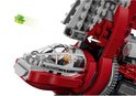 Close-up van de cockpit van de LEGO Star Wars T-6 Jedi Shuttle, met een groen element dat wordt weggeschoten.