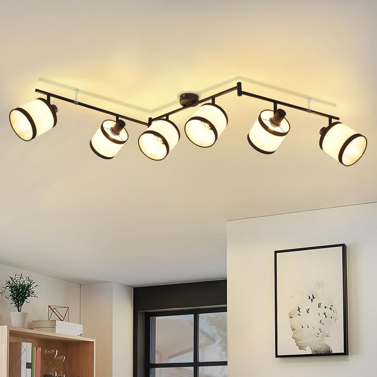 Glitzerlife Retro Industrieel - Plafondlamp - 6-lichts E14 Fitting Zwart - 350° Draaibaar Stof - Zonder Lichtbron voor Woonkamer Slaapkamer Keuken
