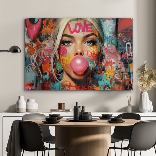 MuchoWow® Tableau sur verre 120x80 cm - Tableau sur verre acrylique - Femme - Chewing-gum - Graffiti - Amour - Photo sur verre - Décoration murale salon - Décoration murale chambre - Peintures