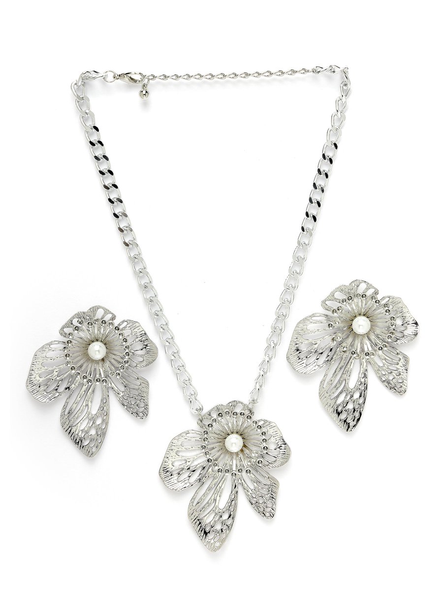 AVANT-GARDE PARIS Sieraden - Bloem Pendant en Oorbellen Set - 2 stuks - Zilverkleurig met Glitter Accenten