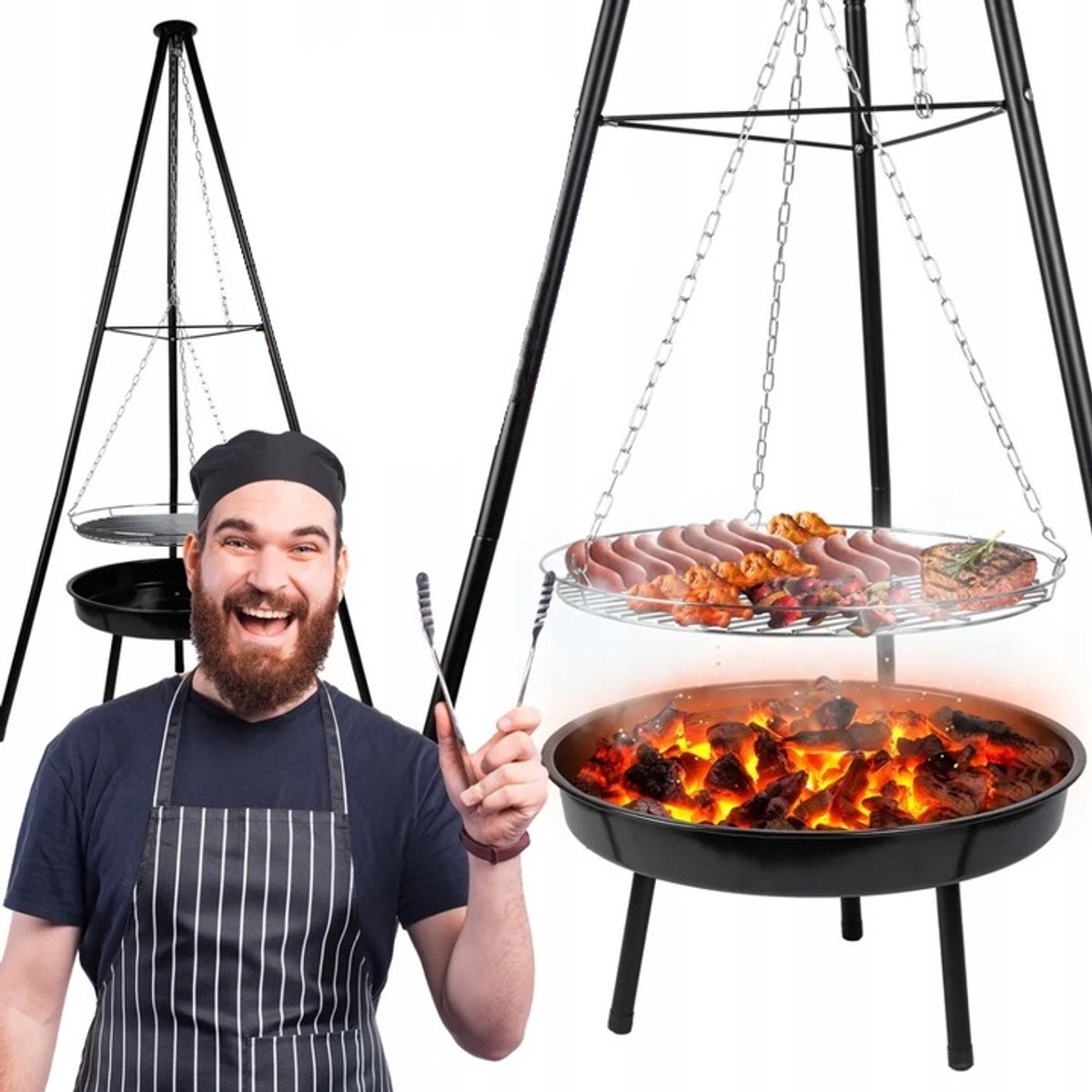Grote Hangende Grill 50cm met Vuurschaal - 2-in-1 Tuin Gril & Kampvuur