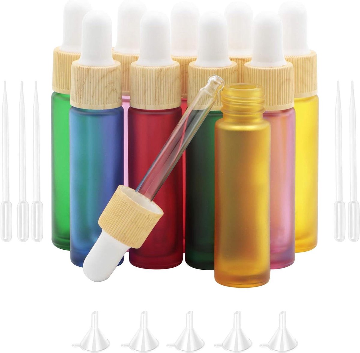 Image of 10-delige set 10 ml glazen druppelflessen voor parfum en cosmetica - Essentiële oliën samples met druppelaar en houten schroefdop