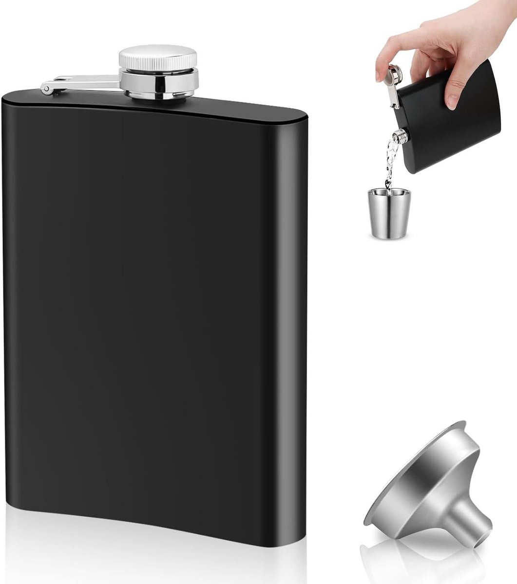 Wapasezyar Flachmann, roestvrijstalen heupfles met trechter, 227 ml heupfles, zwart, geschikt voor het dragen van alcohol en jenever, draagbare flessenset voor mannen en vrouwen (4, zwart