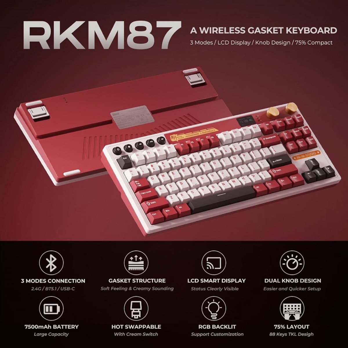 Royal Kludge RKM87 - Mechanisch Gaming Toetsenbord - Draadloos - Gaming Keyboard - Met LCD-Scherm thumbnail 3