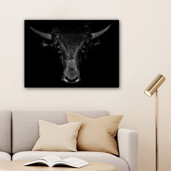Toile - Animaux - Taureau - Zwart - Wit - Photo sur toile - 80x60 cm - Salon - Peintures sur toile