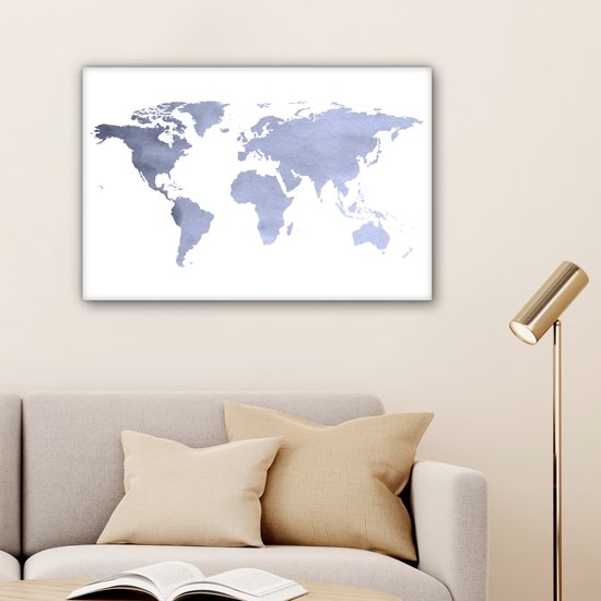 Wereldkaart avec des couleurs bleu violet et un motif texturé sur fond blanc 60x40 cm