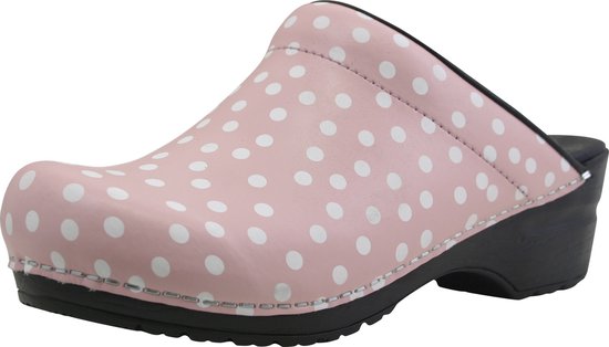 Roze klomp met witte stippen en zwarte wigzool.