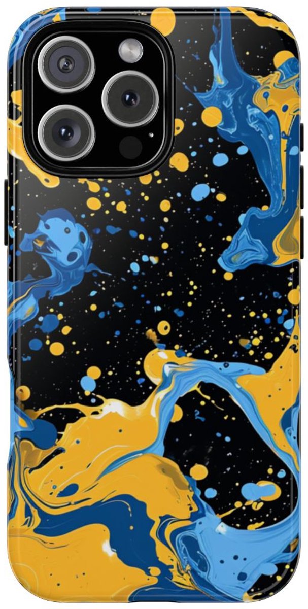 Blauwe en Gele Verfspatten Abstract – Telefoonhoesje Geschikt voor iPhone 16 Pro Max