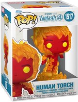 Boîte de la figurine Funko Pop rouge 'Human Torch', avec une image de la figurine enflammée.