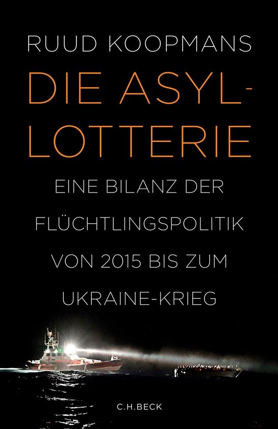 Boek "Die Asyl-Lotterie" door Ruud Koopmans, met een reddingsboot bij nacht.