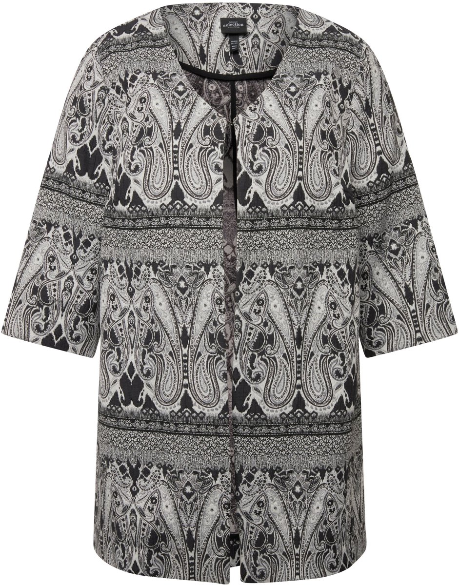 Ulla Popken - Dames - Jas paisley V-hals haaksluiting 3/4-mouwen - Zwart - Maat 46+