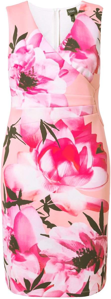 Ulla Popken - Dames - Scuba jurk mouwloos bloemen gedrapeerd - Lichtkoraal - Maat 42