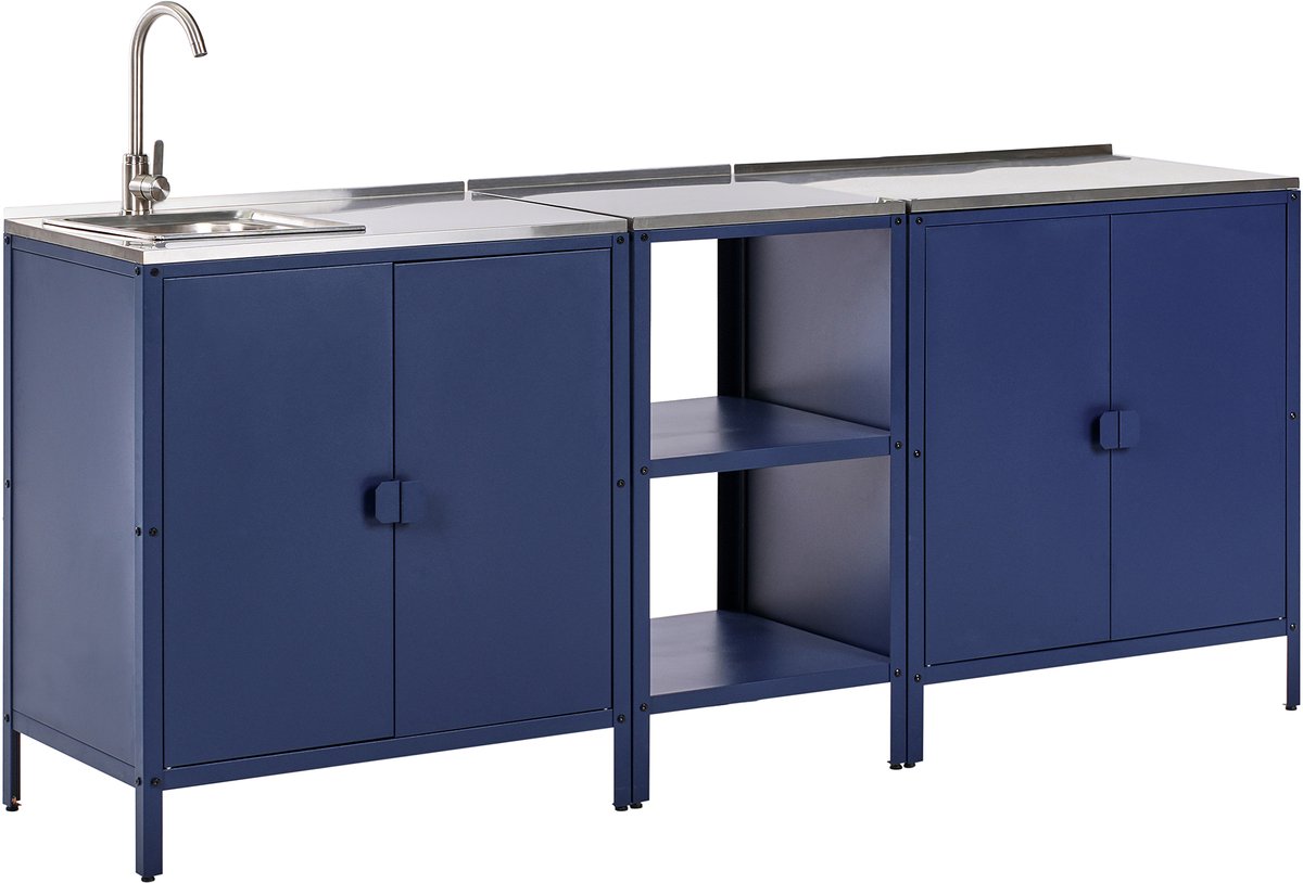 VILAMA - Tuinkookeiland met kast en spoelbak 3-delig - Blauw - RVS