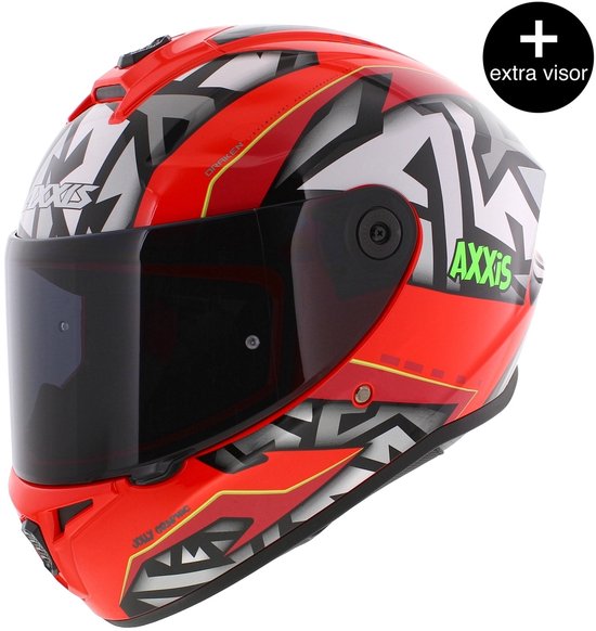 Compleet rode motorhelm met een grafisch patroon van witte, grijze en zwarte zigzaglijnen en limegroene accenten. Met donker vizier en 'Axxis' logo.