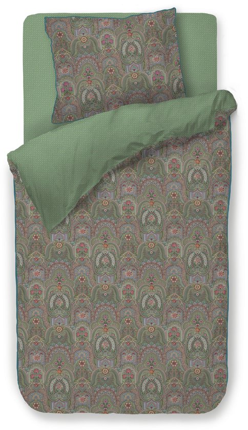 Eenpersoons dekbedovertrek met een groene basiskleur en een paisley print in roze, oranje en blauwe tinten.