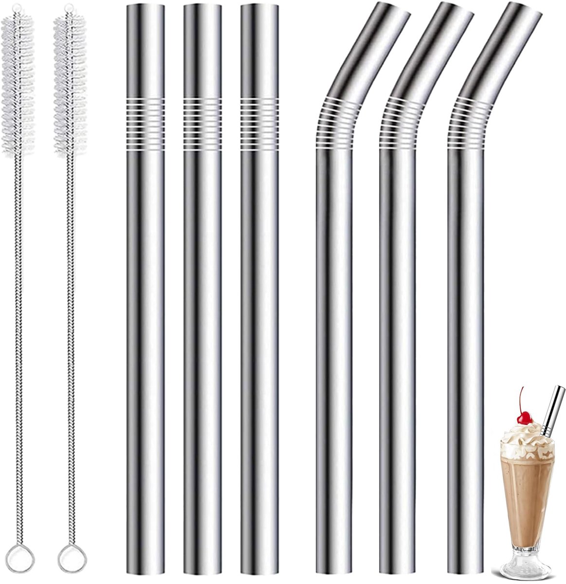 Ibenzoa® Set van 8 herbruikbare metalen rietjes voor smoothies en dikke dranken