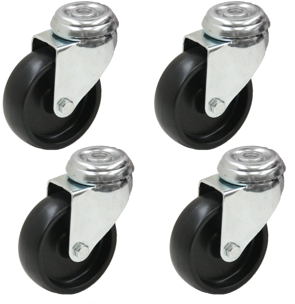 4 - 75 mm zwarte nylon zwenkwiel met boutgaten, 3 inch, voor zwaar gebruik